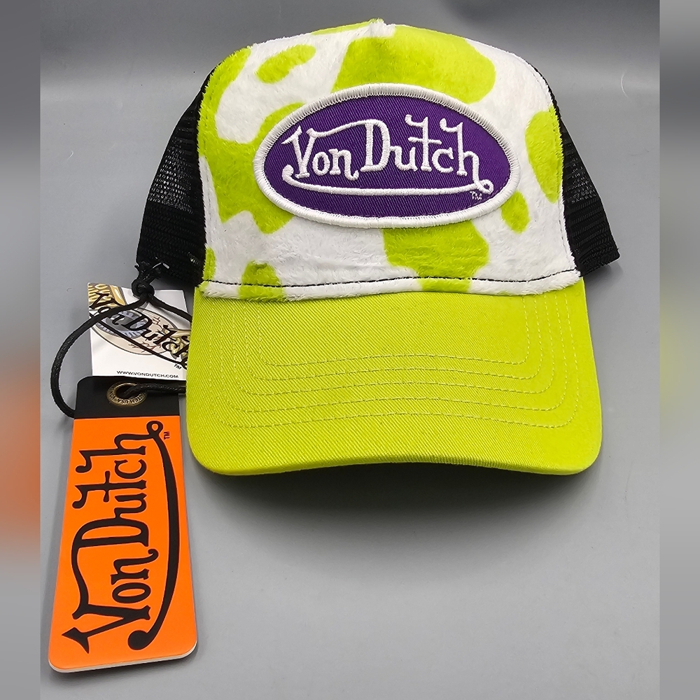Von Dutch Vegan Pony Hair Trucker Hat Ghost Green Cow Print Authentic Brand New